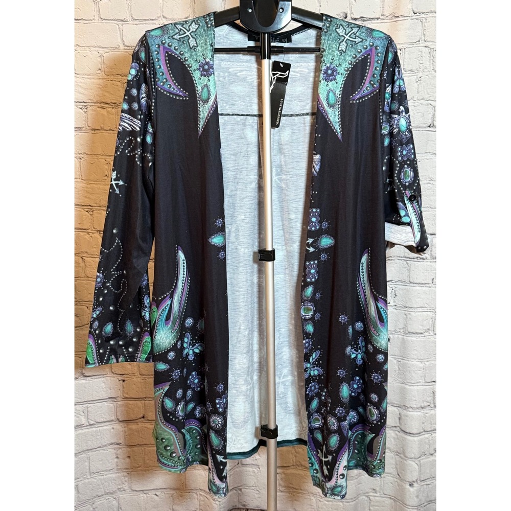 Lucky & Blessed Women Paisley Southwestern Roll Tab Cardigan Black Teal NWT